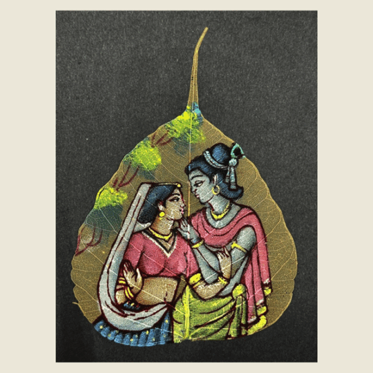 Pintura Radha y Krishna sobre hoja
